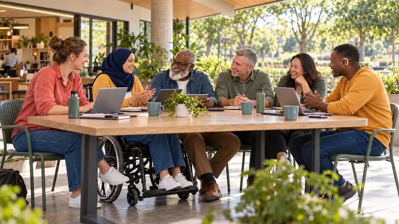 Six adults, one a wheelchair user, talking around a table with laptops and mugs