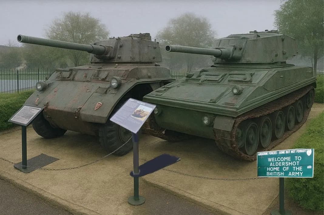 Historic armoured vehicles by the Aldershot Home of the British Army sign